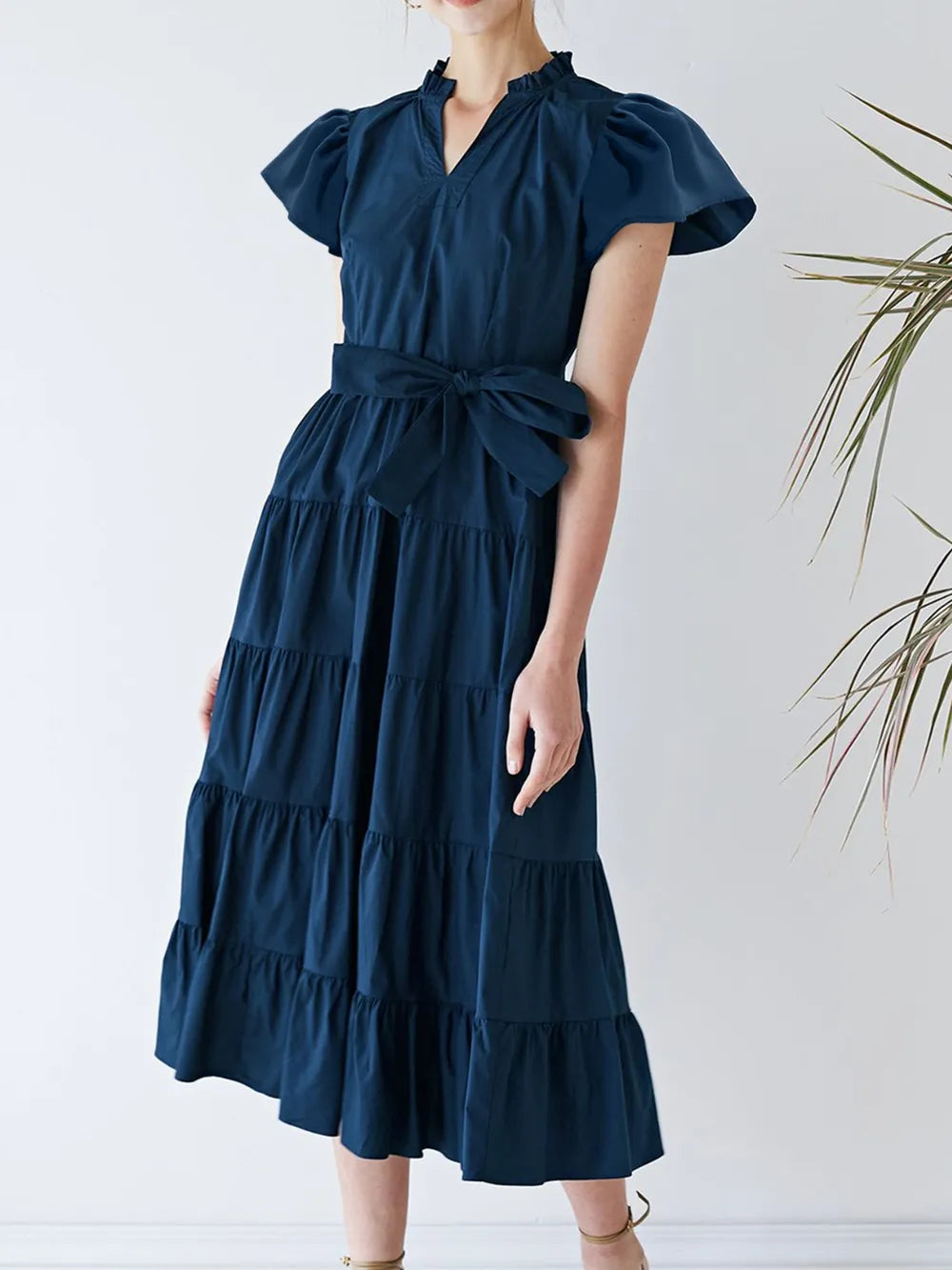 Ruched Tiered Notched Short Sleeve Dress Secondary image