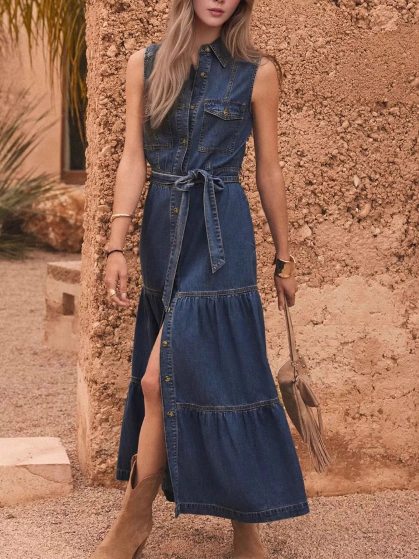 Button Front Sleeveless Denim Dress Secondary image