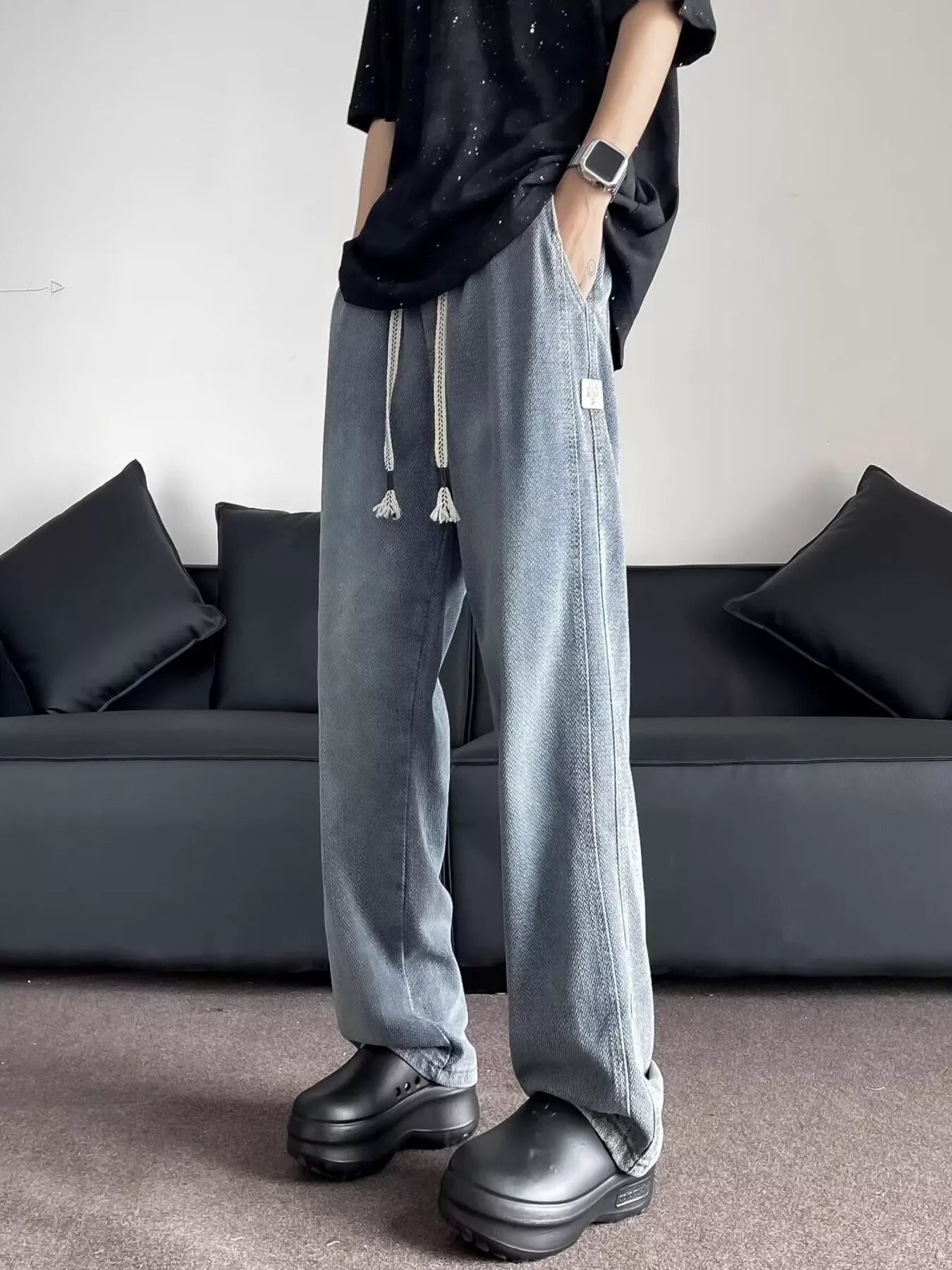 Men's Plus Size Drawstring Washed Wide Leg Jeans Secondary image