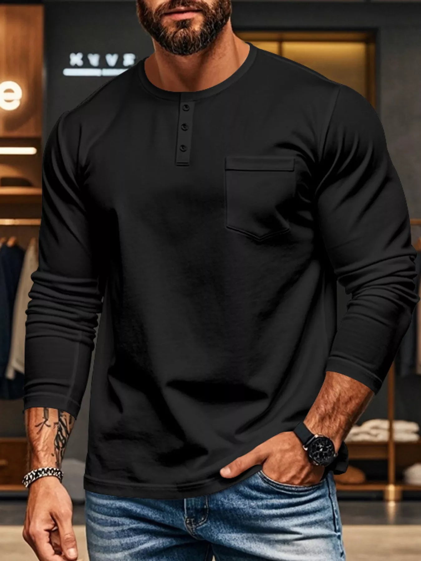 Men's Plus Size Casual Long Sleeve Henley T-Shirt with Pocket Secondary image