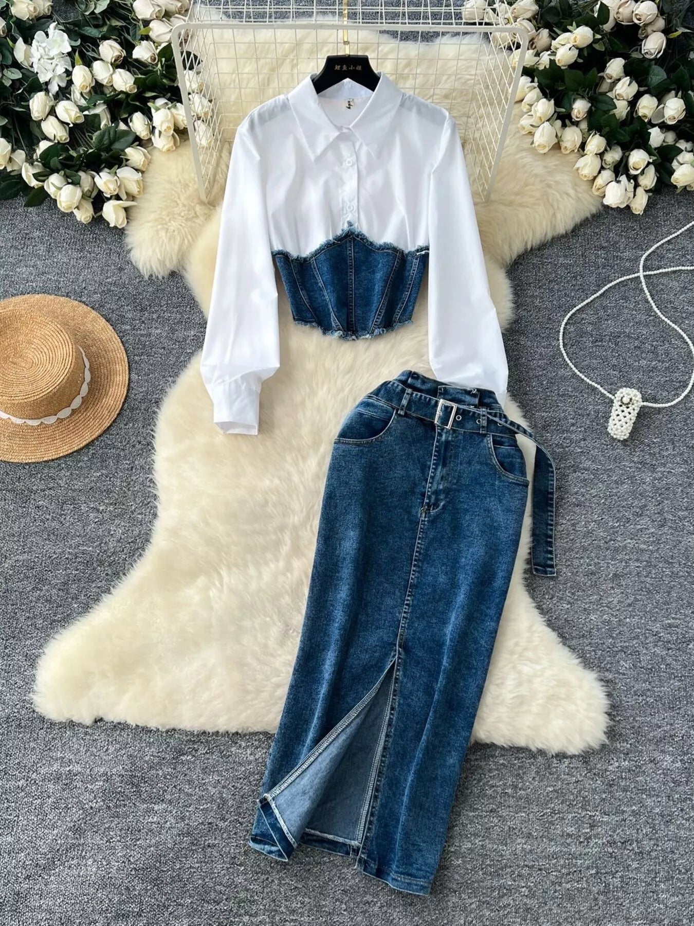 Frayed Denim Patchwork Top & Slit Maxi Skirt Denim Set Secondary image