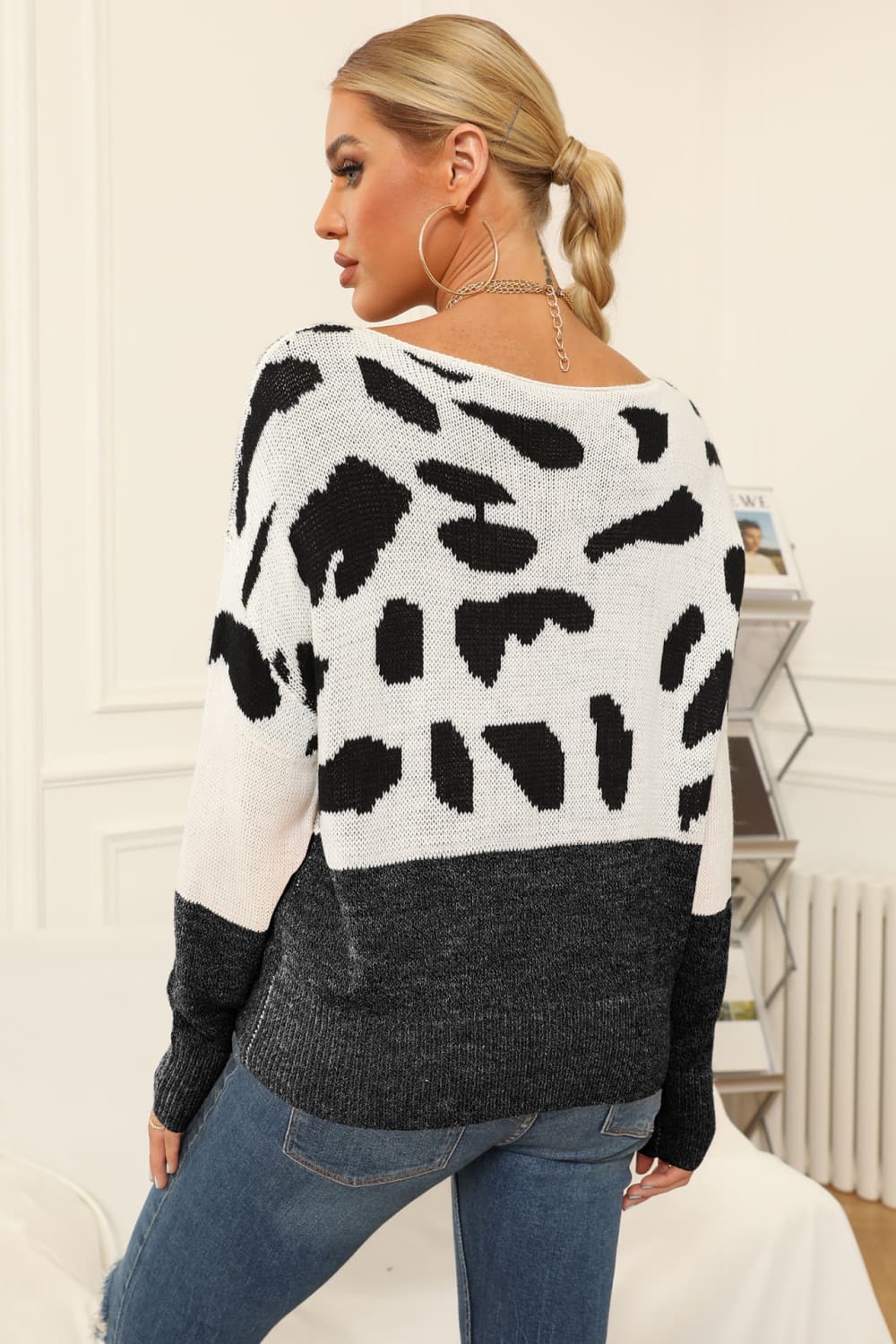 Full Size Two-Tone Boat Neck Sweater Secondary image
