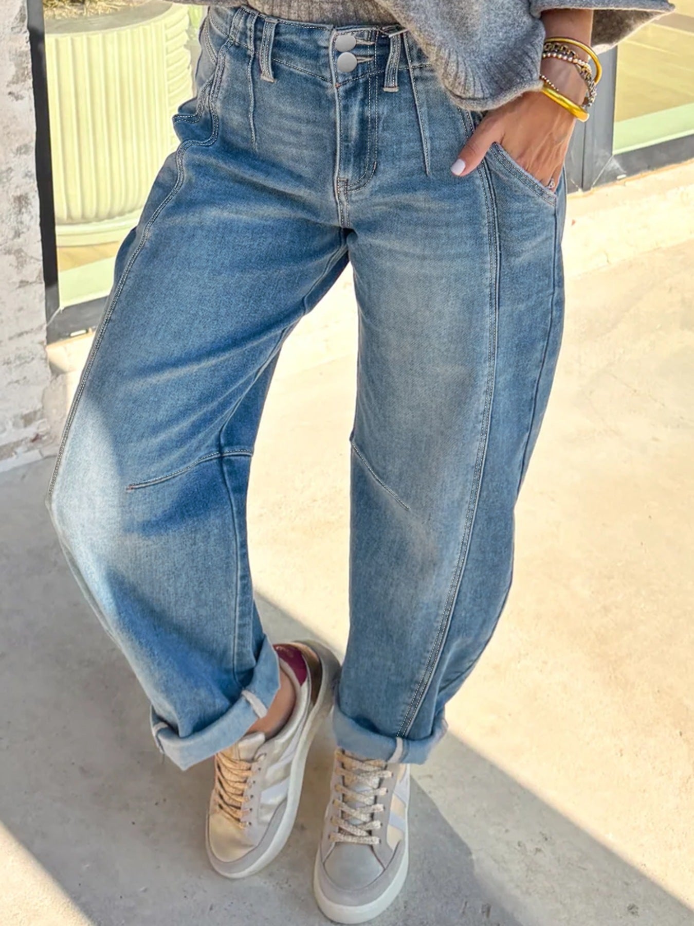 Washed Cuffed Barrel Jeans Secondary image