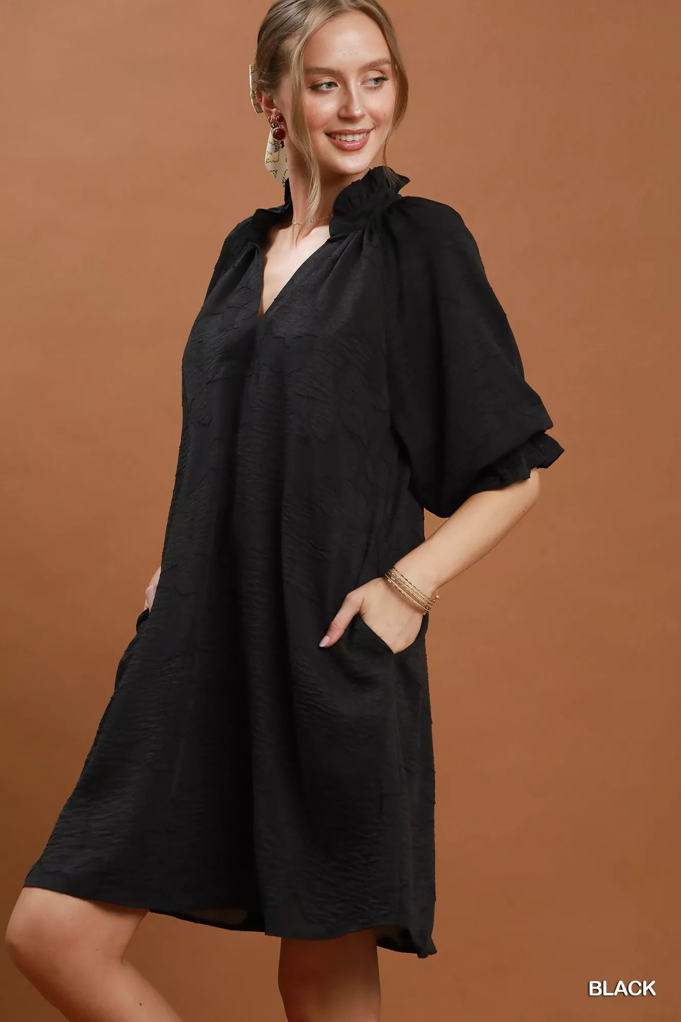 Umgee Floral Textured Jacqaurd V-Neck Dress Secondary image
