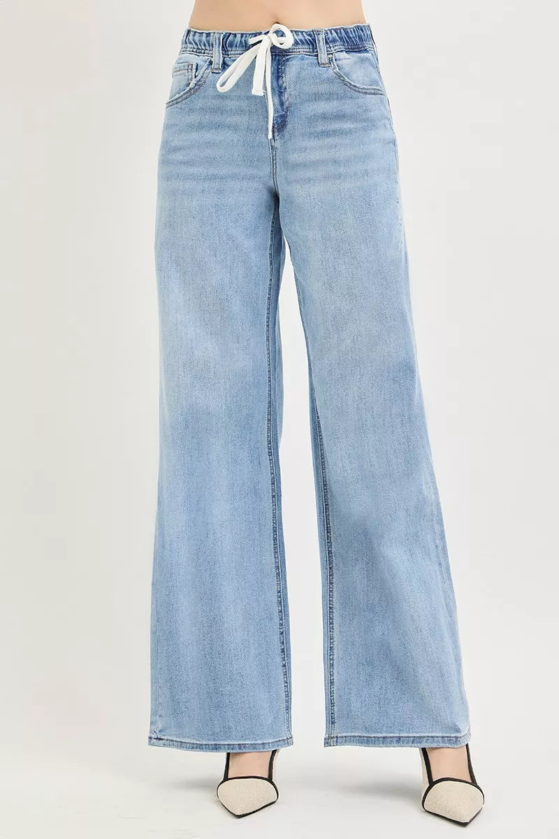 RISEN Elastic Band Slouchy Wide Jeans with Drawstring Secondary image