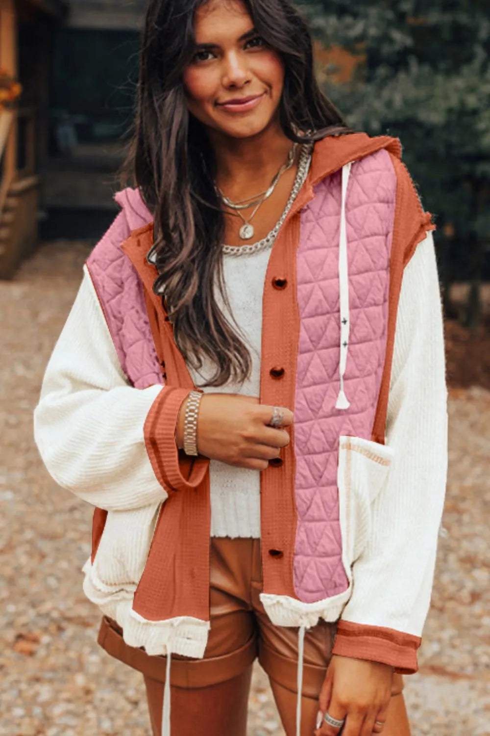 Drawstring Texture Button Up Long Sleeve Hooded Jacket Secondary image
