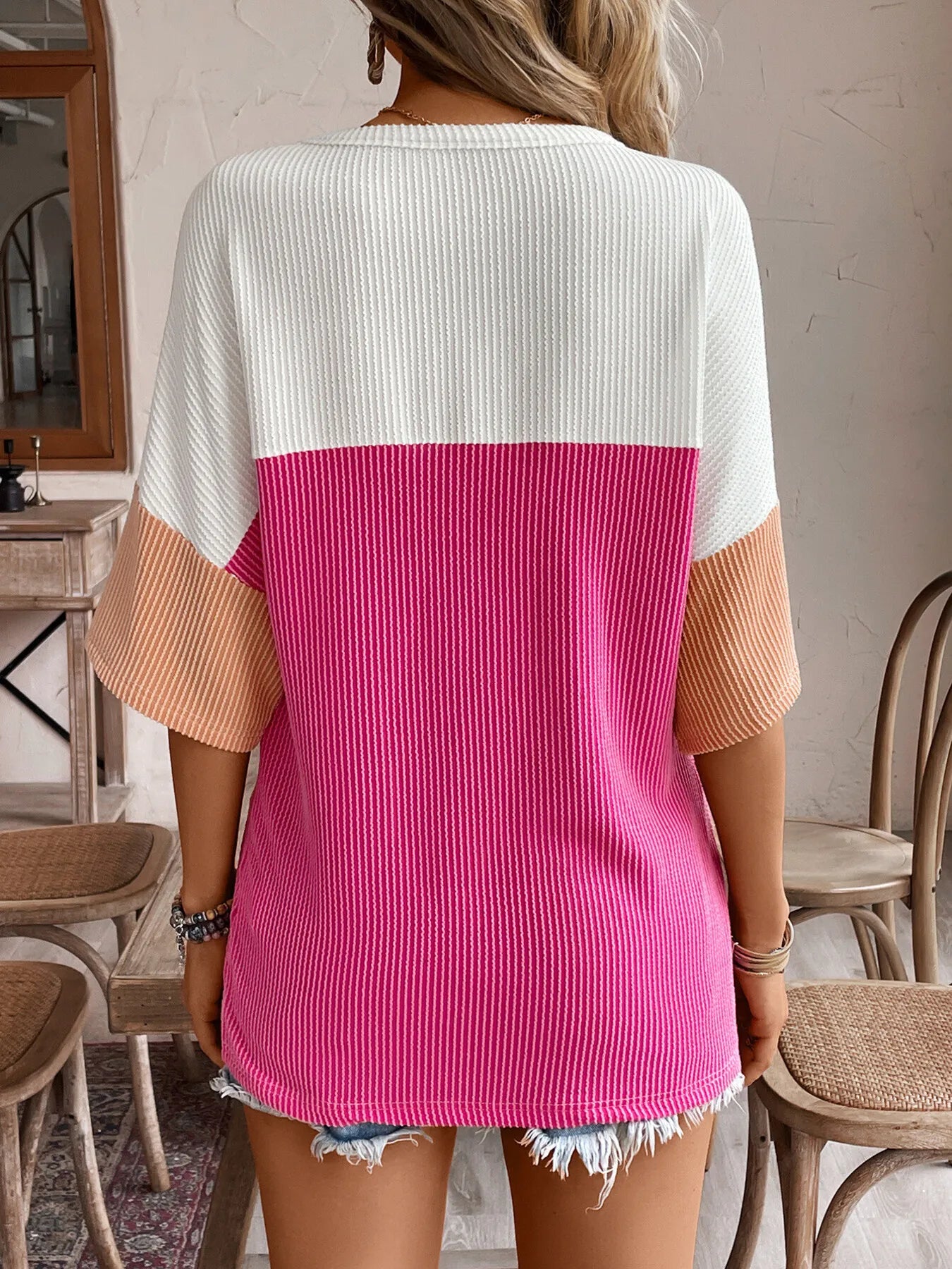Color Block Ribbed Knit Casual T-Shirt Secondary image