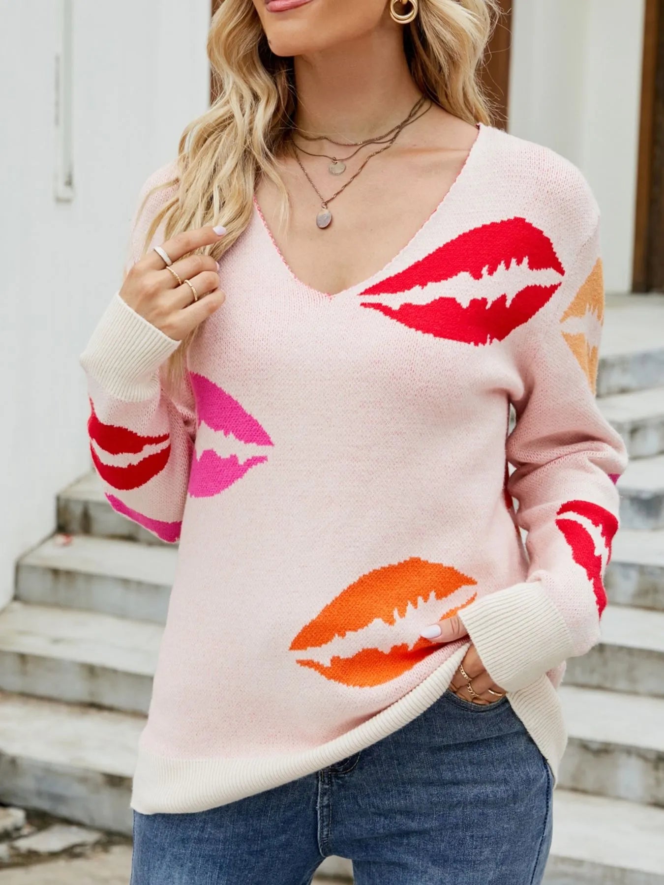 Colorful Lips V-Neck Sweater Secondary image