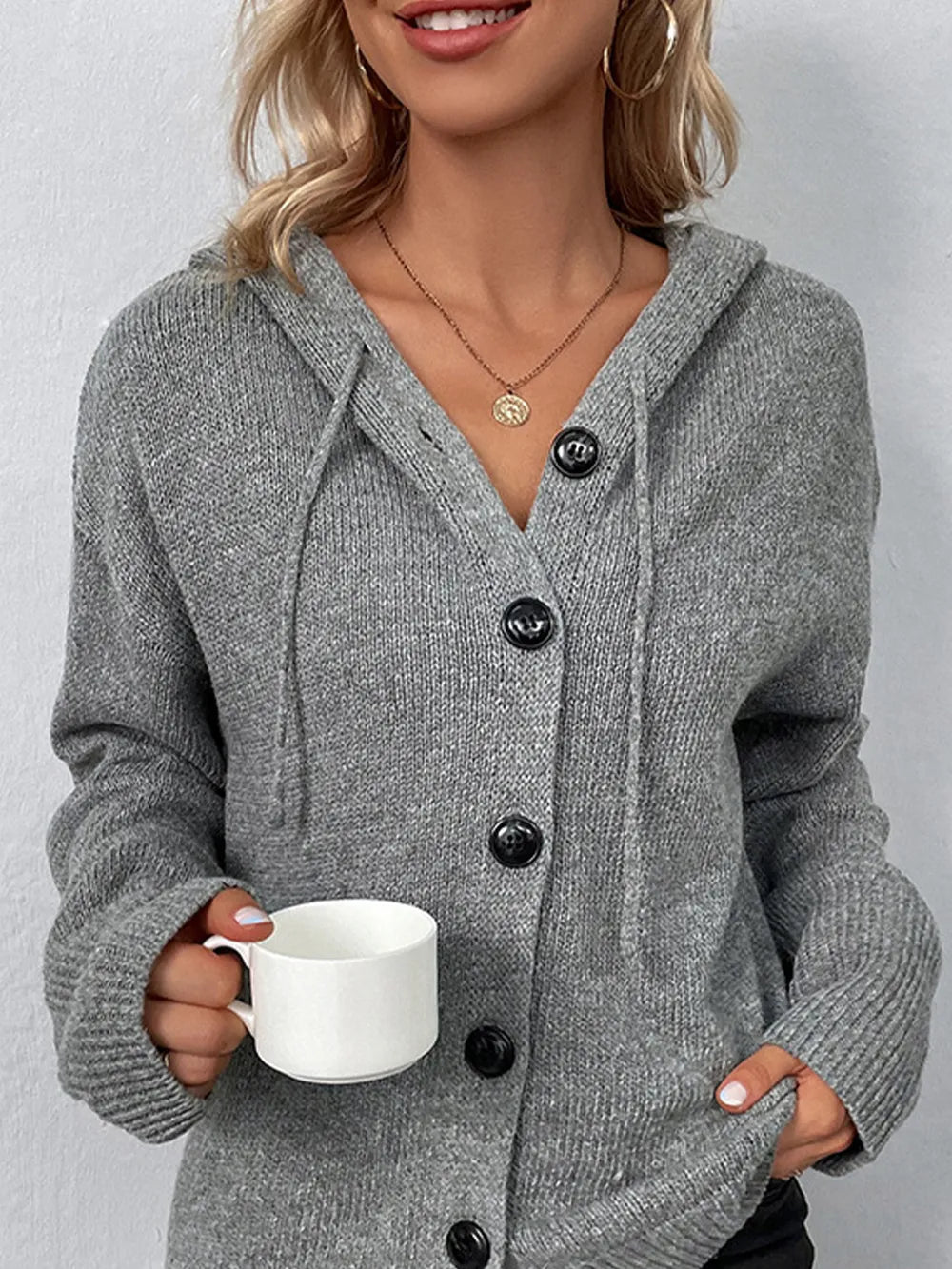 Drawstring Button Up Hooded Cardigan Secondary image