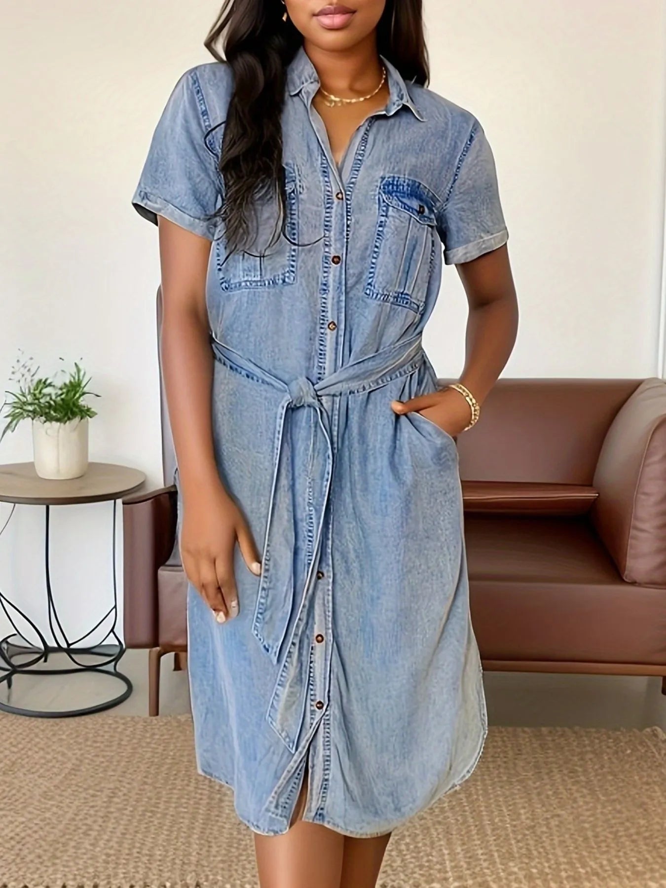 Button Front Short Sleeve Denim Dress Secondary image