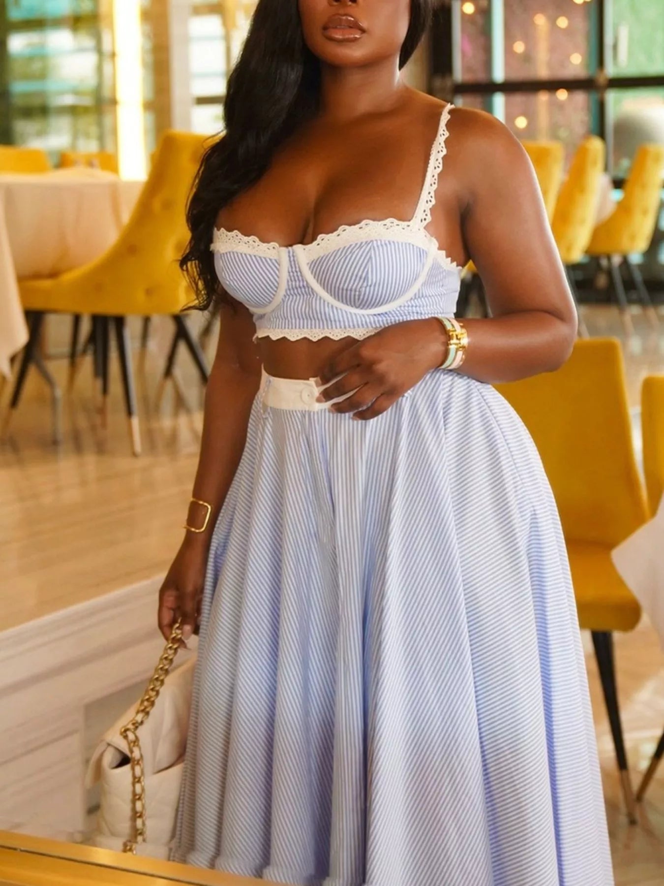 Striped Lace Trim Cami and Skirt Two-Piece Set Secondary image