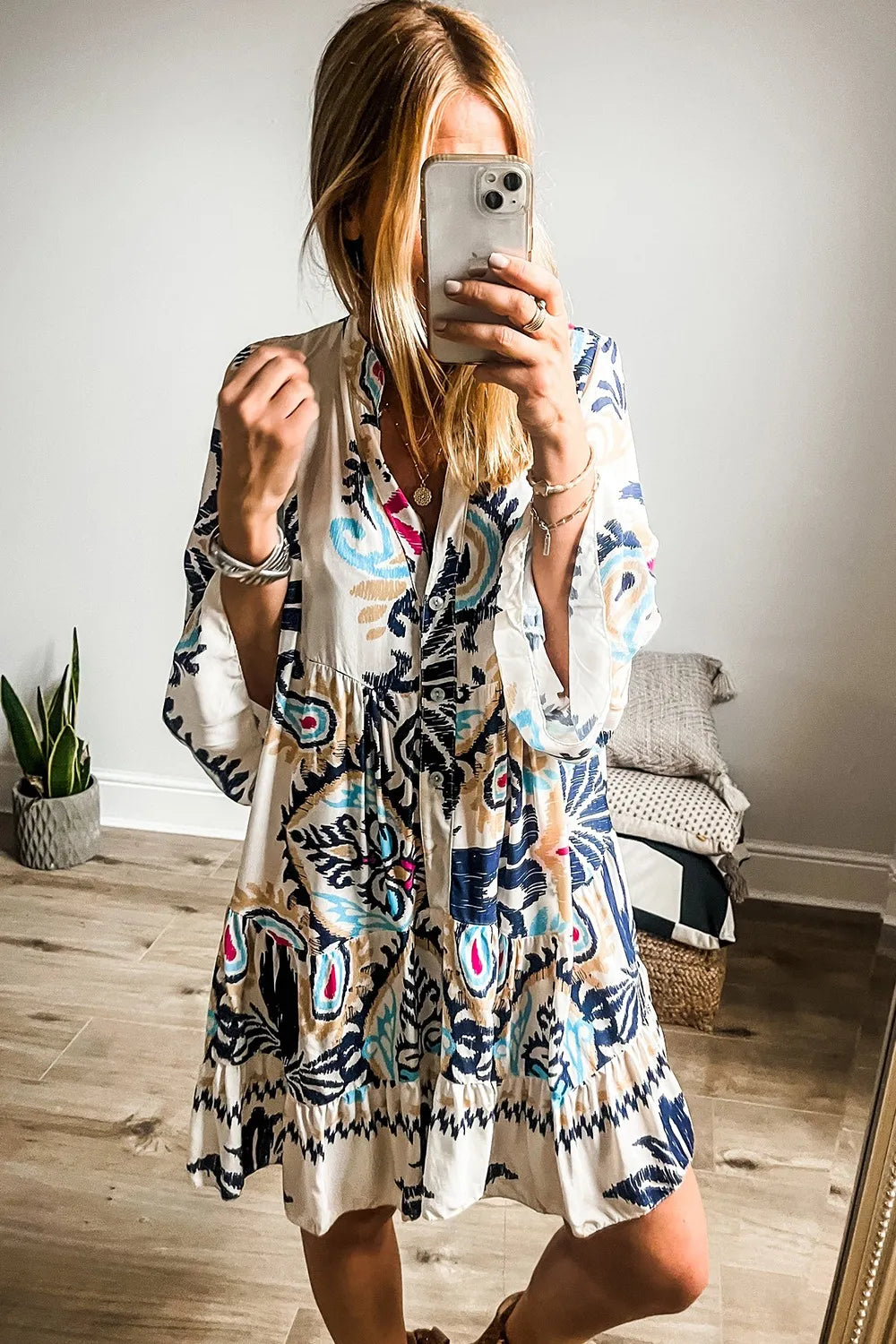 Printed Notched Three-Quarter Sleeve Mini Dress Secondary image