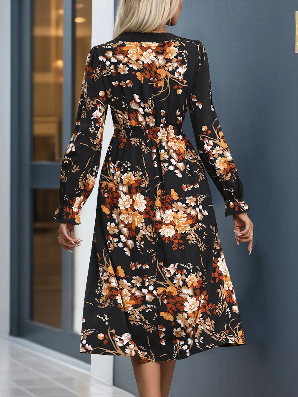 Perfee Printed Notched Long Sleeve Midi Dress Secondary image