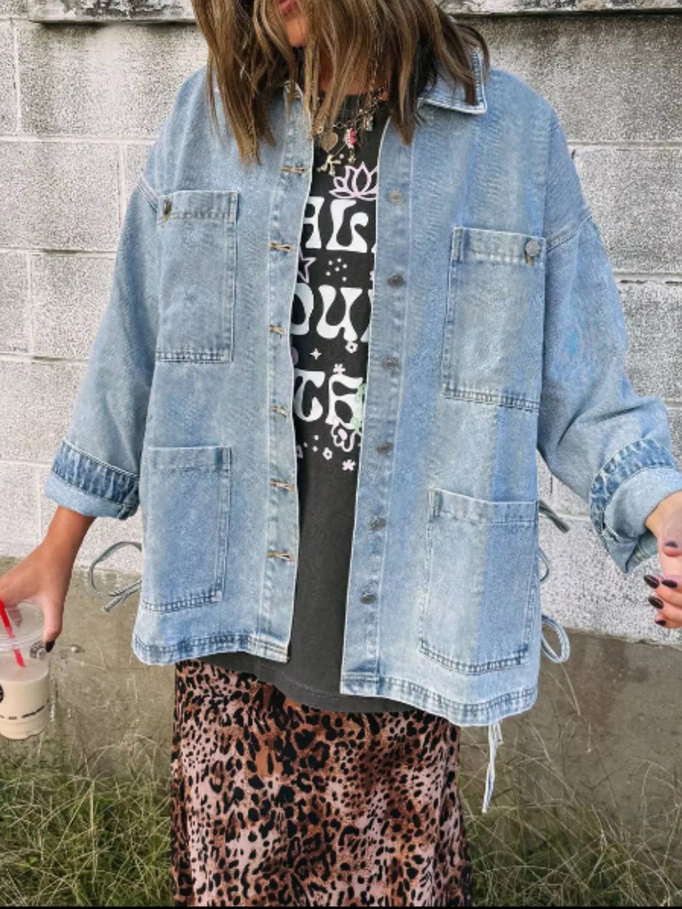 Patched Pockets Side Tie Denim Jacket Secondary image