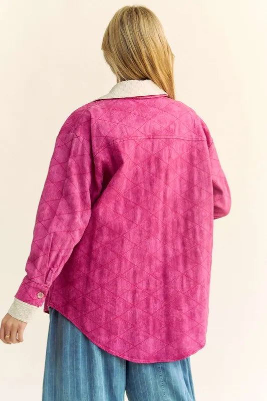 Davi & Dani Curved Hem Diamond Quilted Button Up Denim Shacket Secondary image