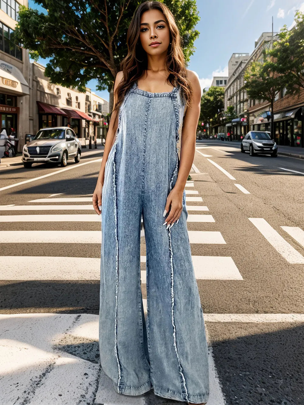 Adjustable Strap Wide Leg Denim Overalls Secondary image
