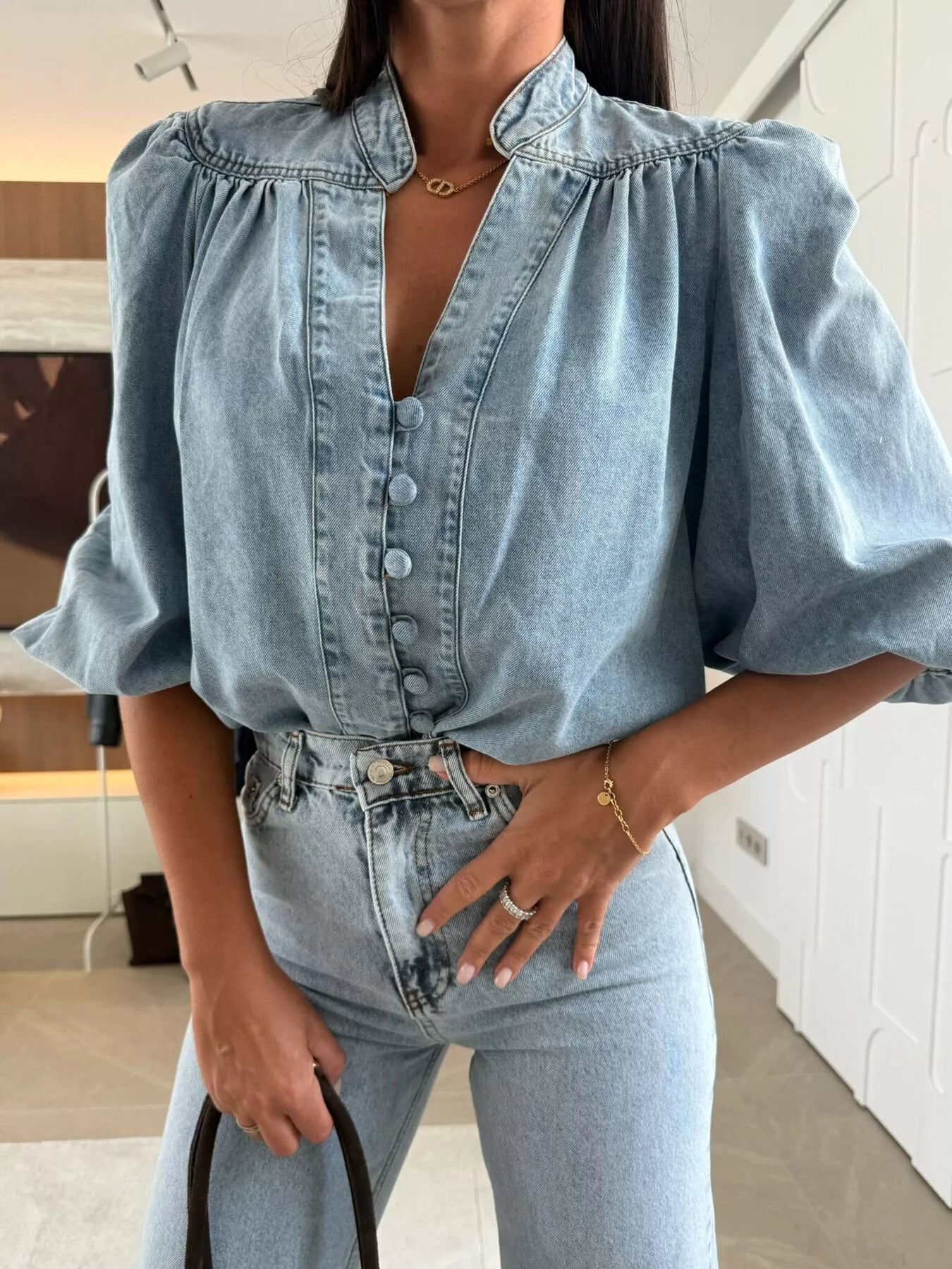 Button-Down Puff Sleeve Denim Top Secondary image