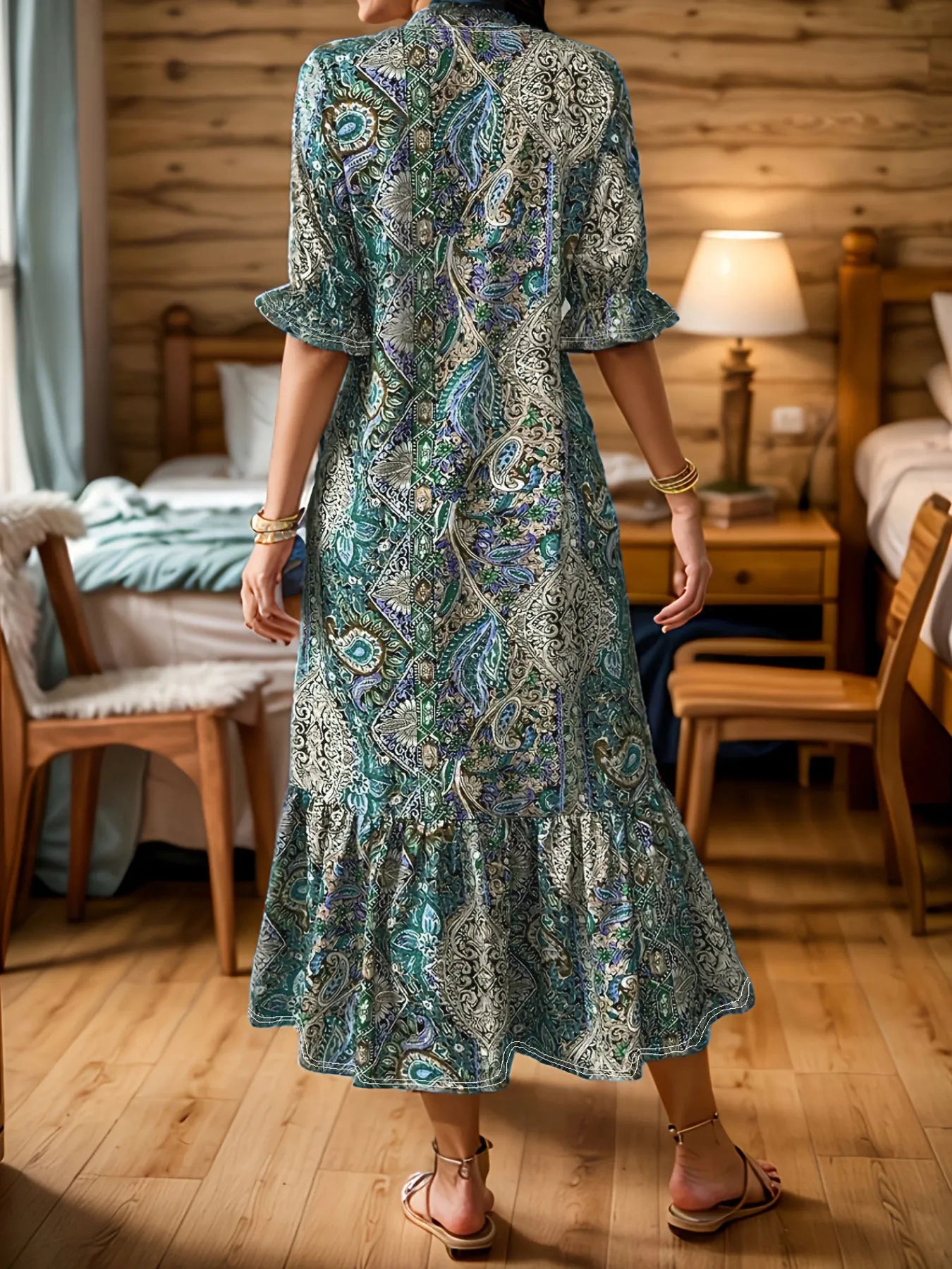 Full Size Bohemian Paisley Print Ruffle Hem Midi Dress Plus Size Secondary image