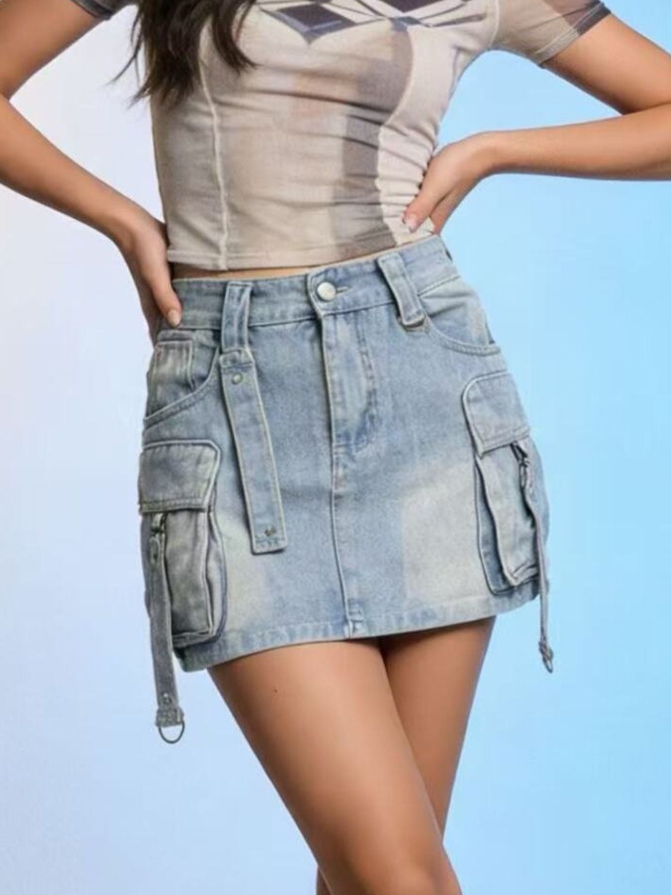 Washed Cargo Denim Skirt Secondary image