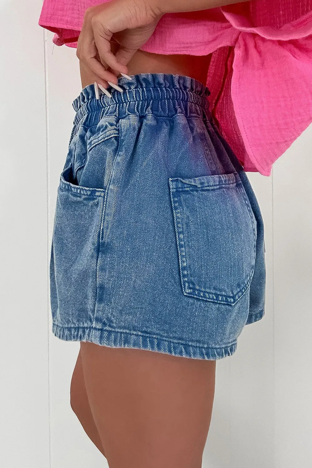 Drawstring High Waist Denim Shorts with Pockets Secondary image