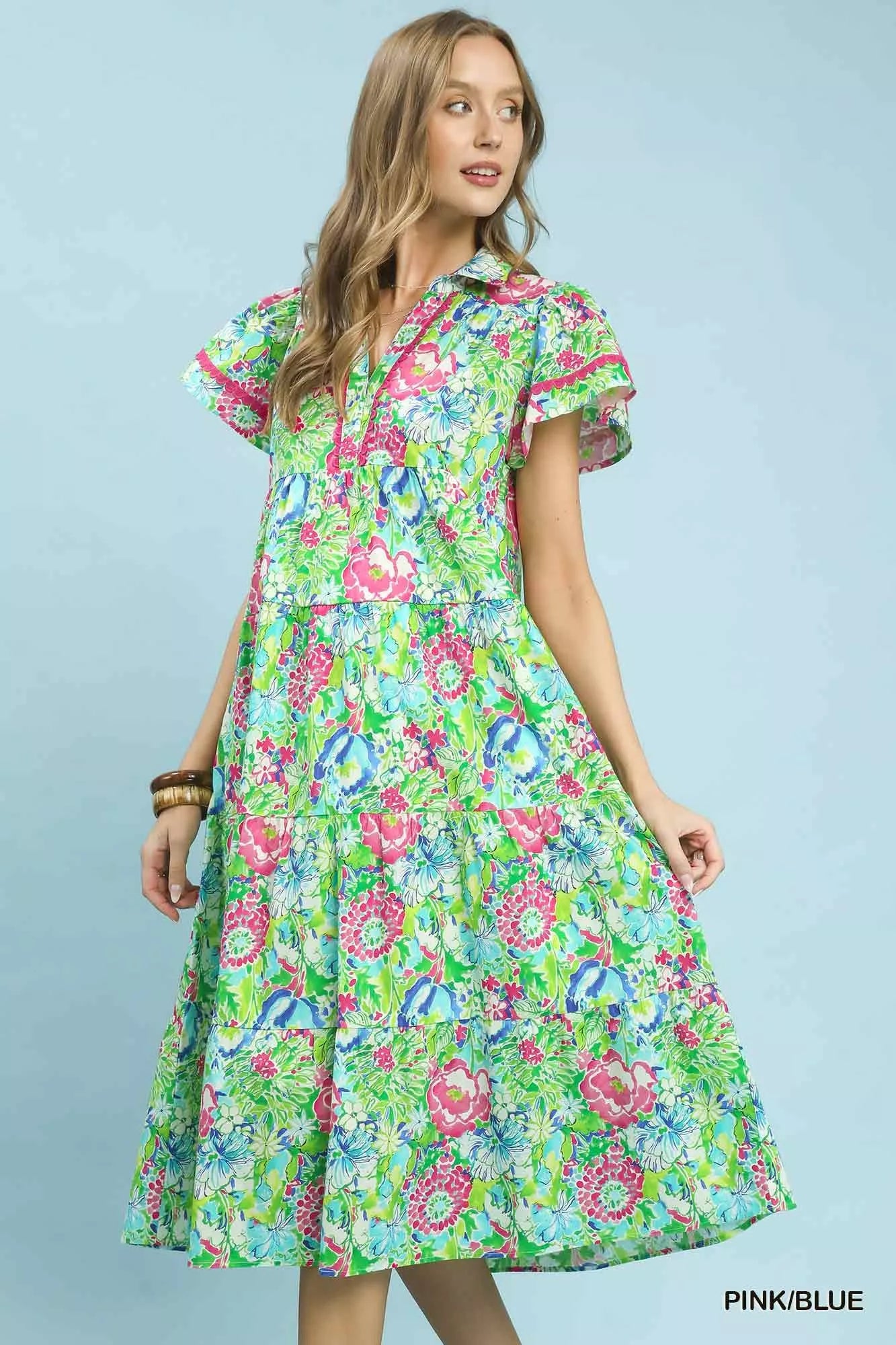 Umgee Bold Mixed Floral Tiered Midi Dress Secondary image
