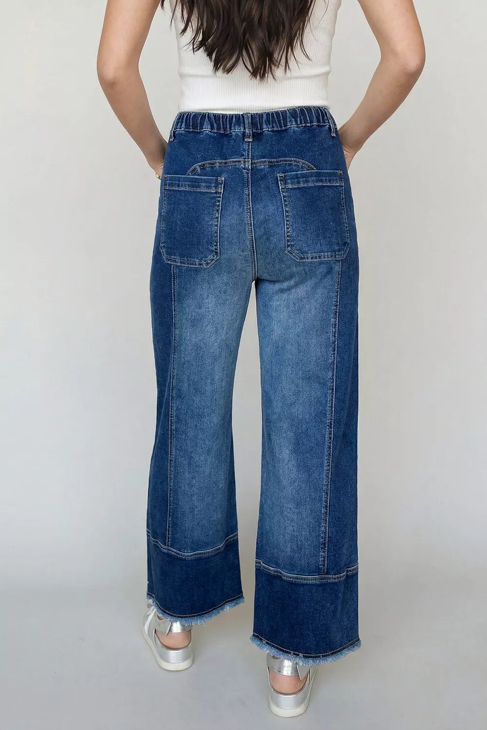 Drawstring Seam Detail Raw Hem Wide Leg Denim Pants Secondary image
