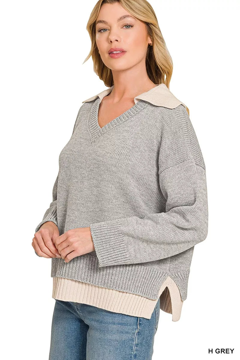 Zenana Dual-look Collared V-neck Sweater Secondary image