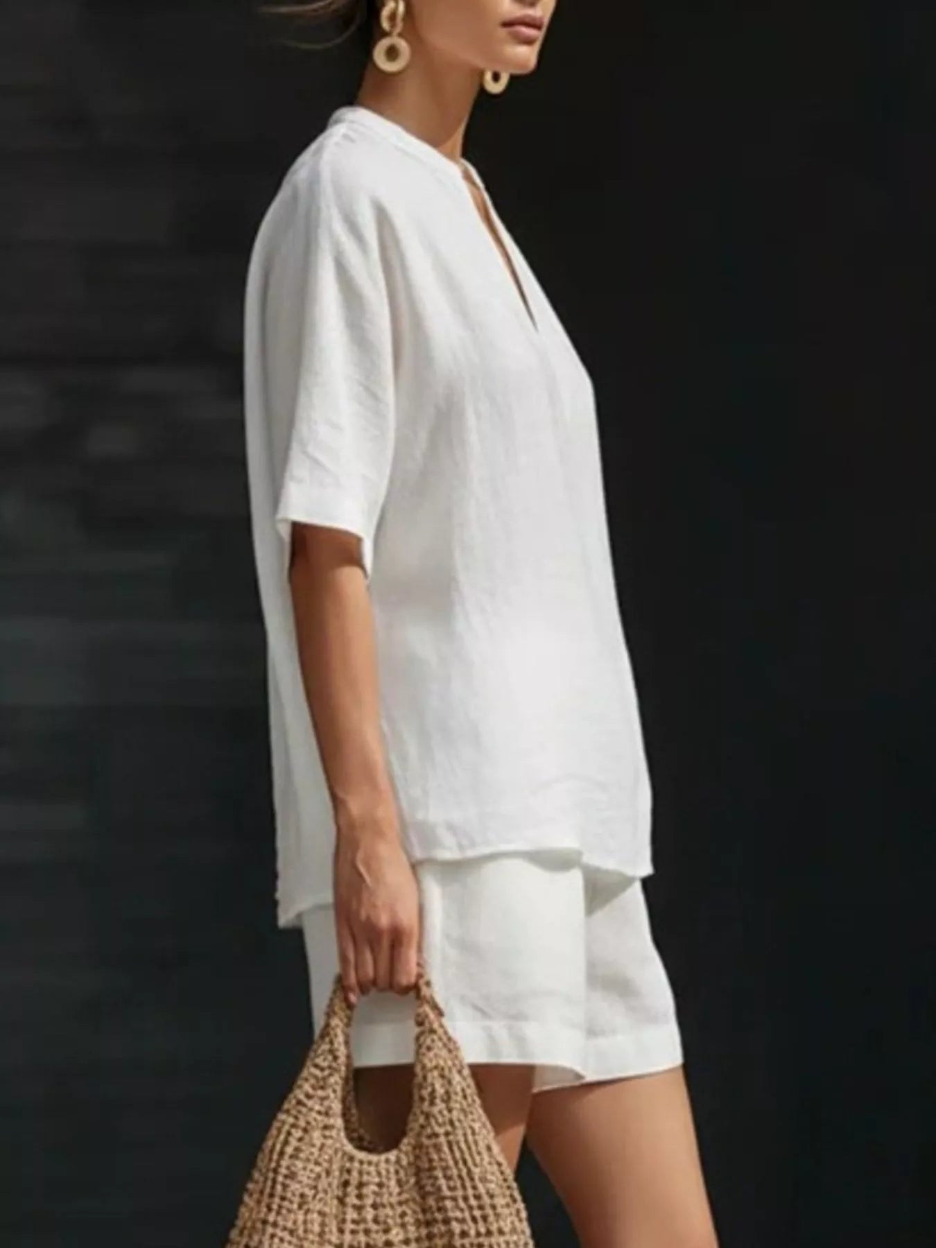 Notched Half Sleeve Top and Shorts Set Secondary image