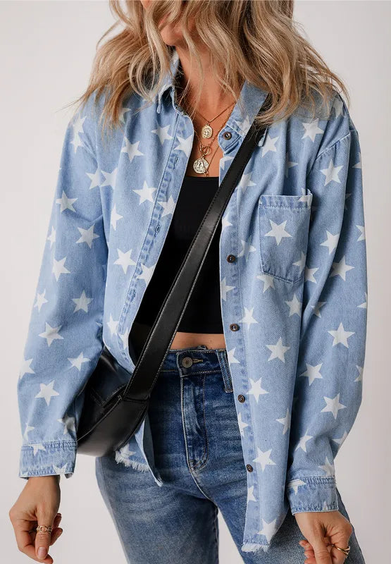 Raw Hem Star Collared Neck Denim Top Secondary image