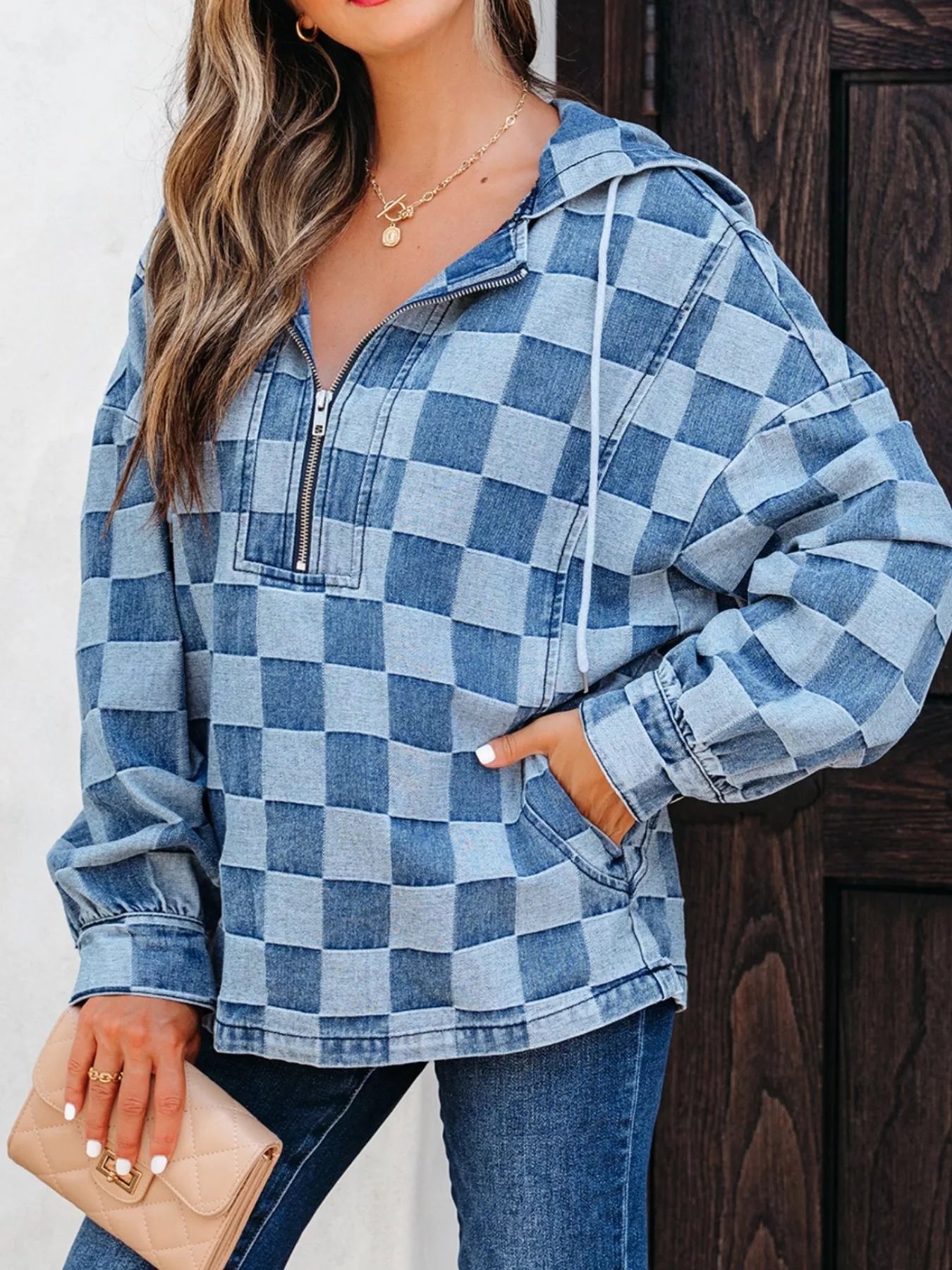 Checkered Half Zip Denim Hoodie Top Secondary image