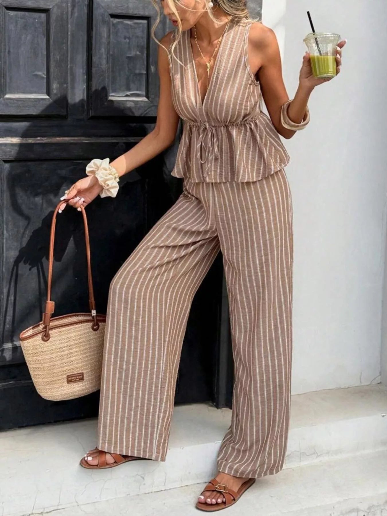 Striped Sleeveless Top and Wide Leg Pants Set Secondary image