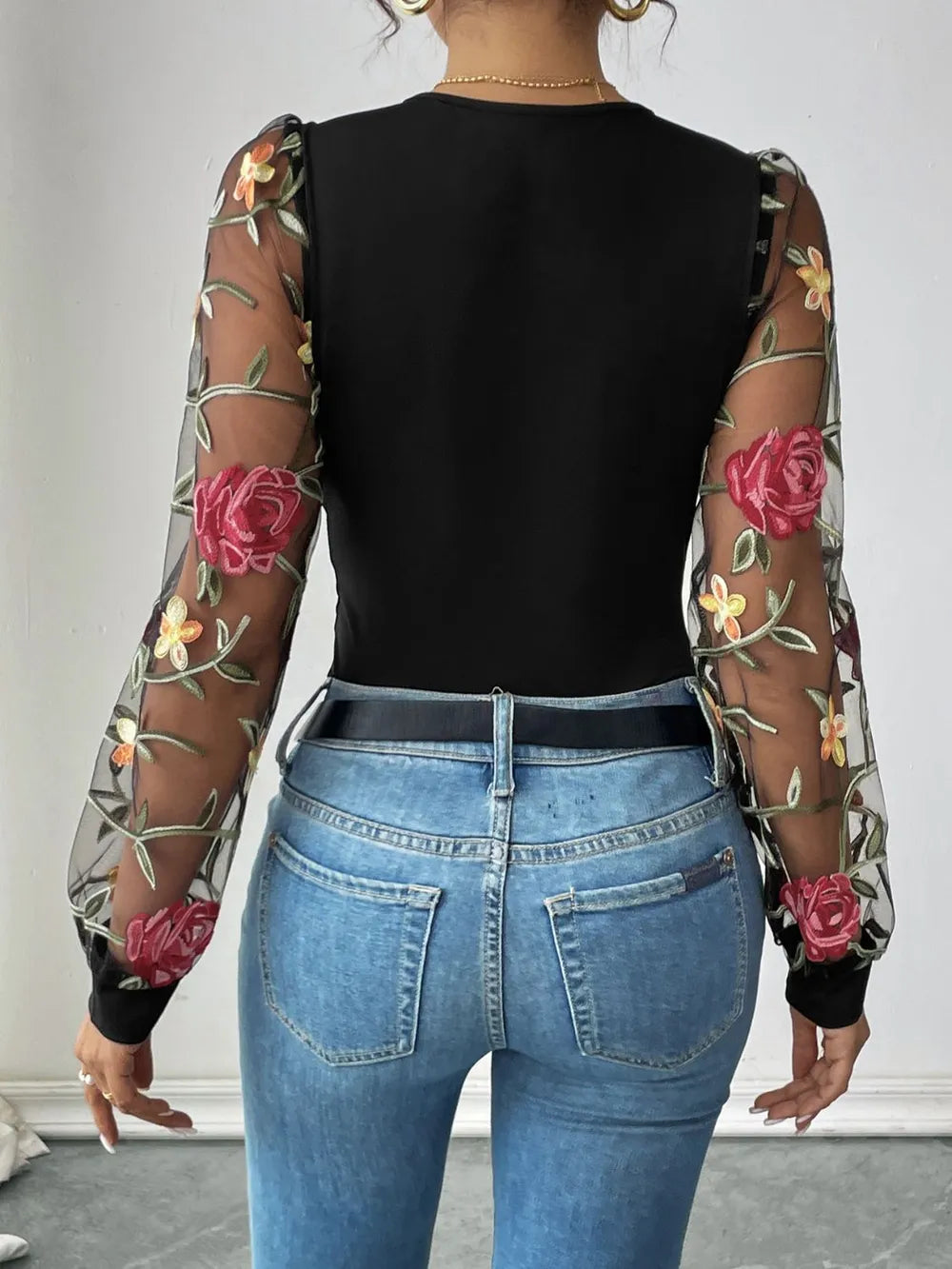 Perfee Embroidered V-Neck Long Sleeve Bodysuit Secondary image