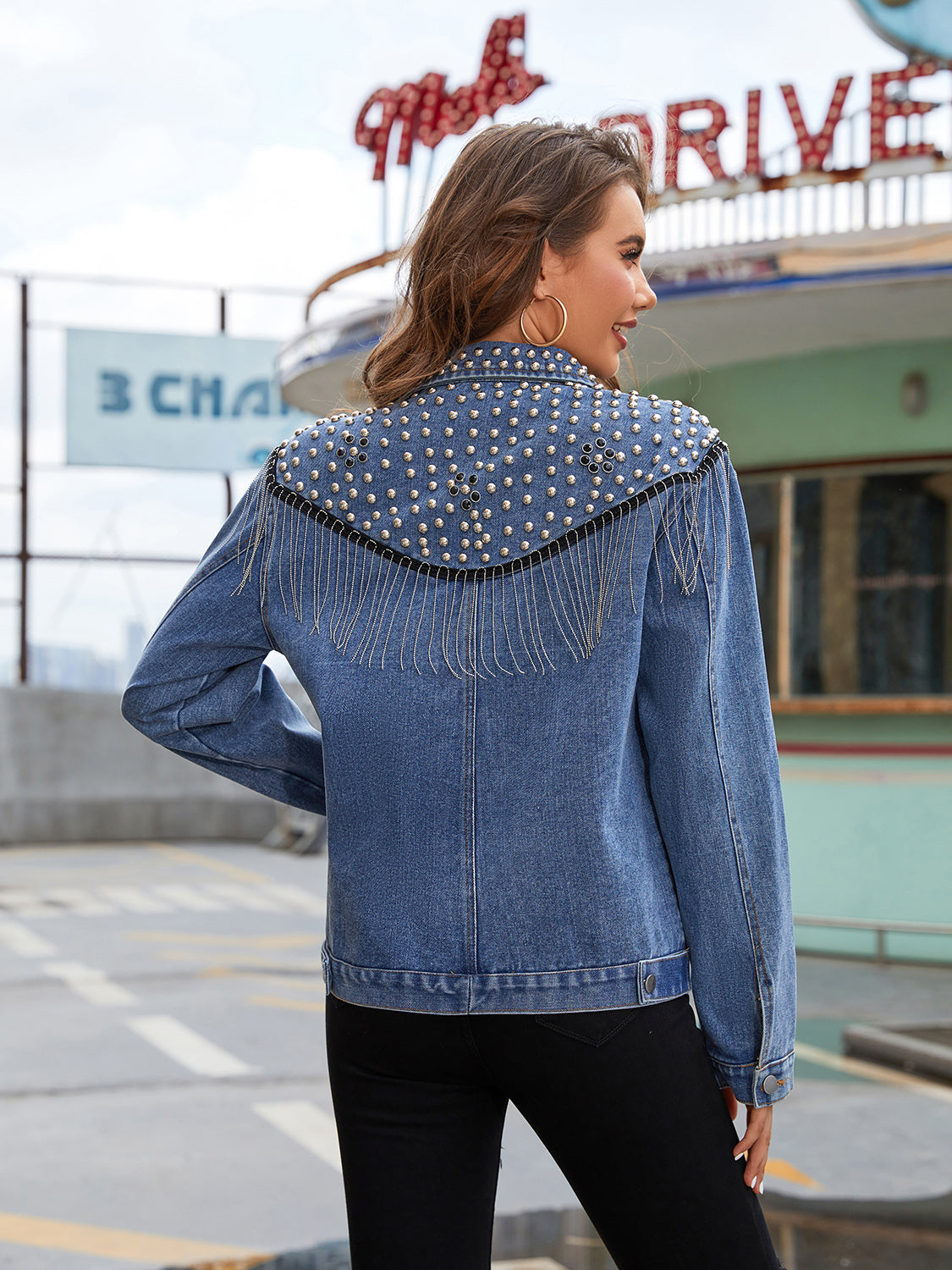 Studded Fringe Button Down Denim Jacket Secondary image