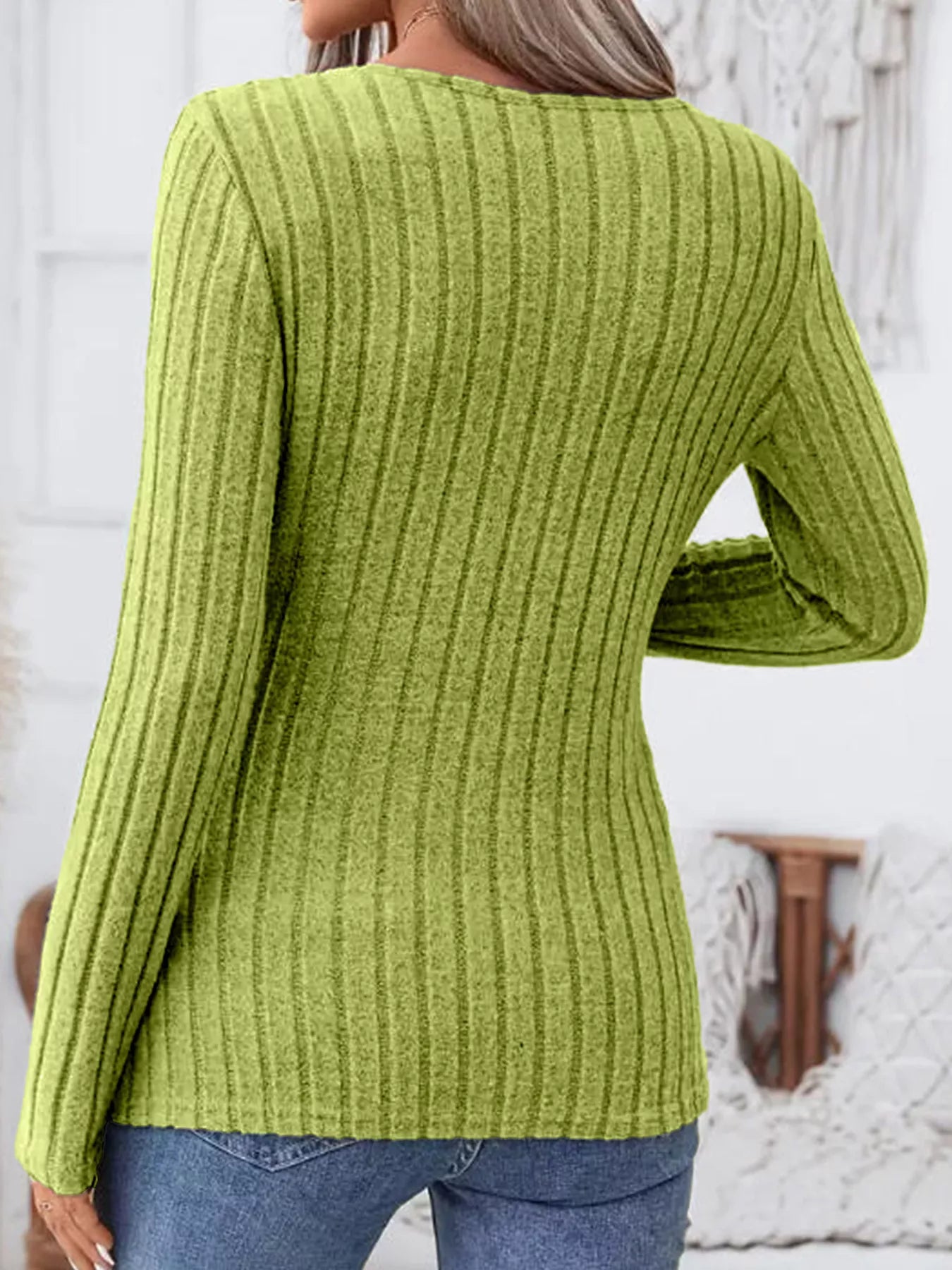 Ribbed Knit Notched Long Sleeve Top Secondary image