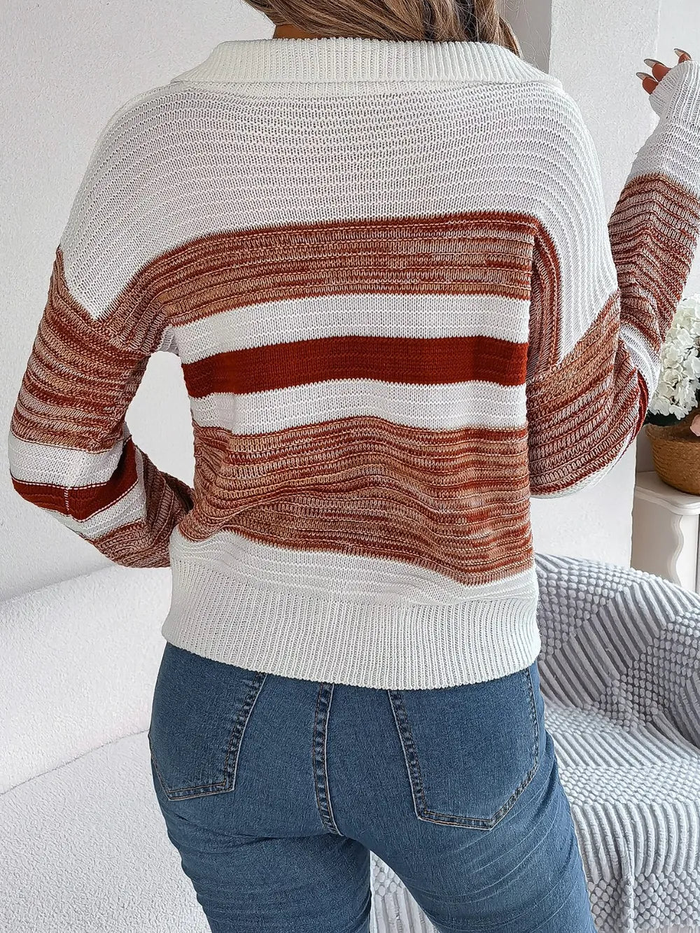 Striped Collared Neck Long Sleeve Sweater Secondary image