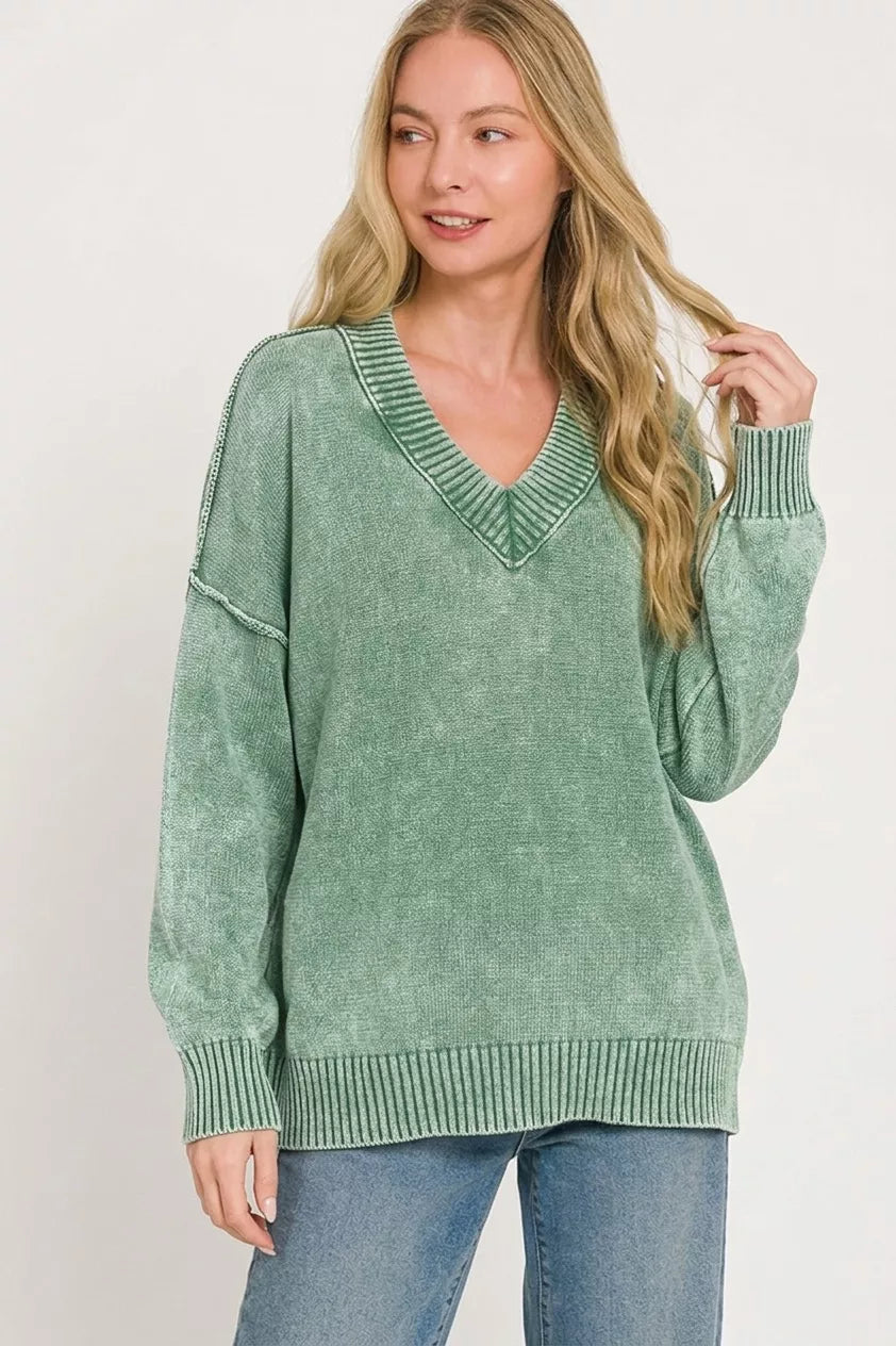 Zenana Washed Deep V-neck Oversized Sweater Secondary image