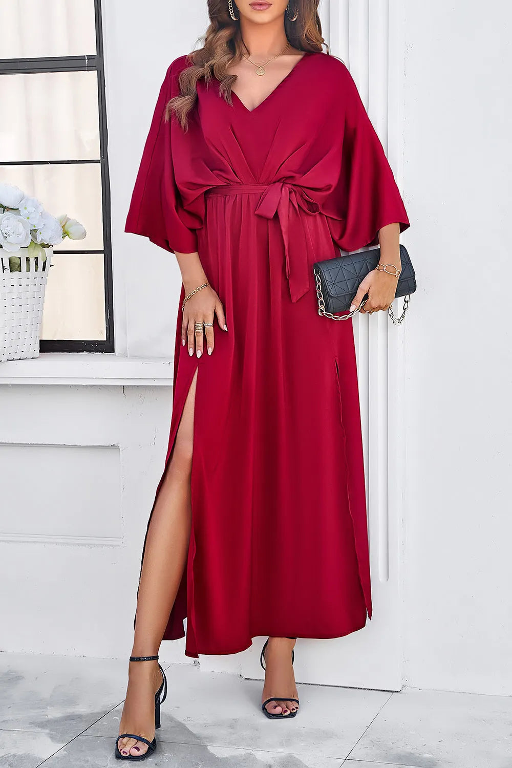 Devine Slit Tied V-Neck Three-Quarter Sleeve Dress Secondary image
