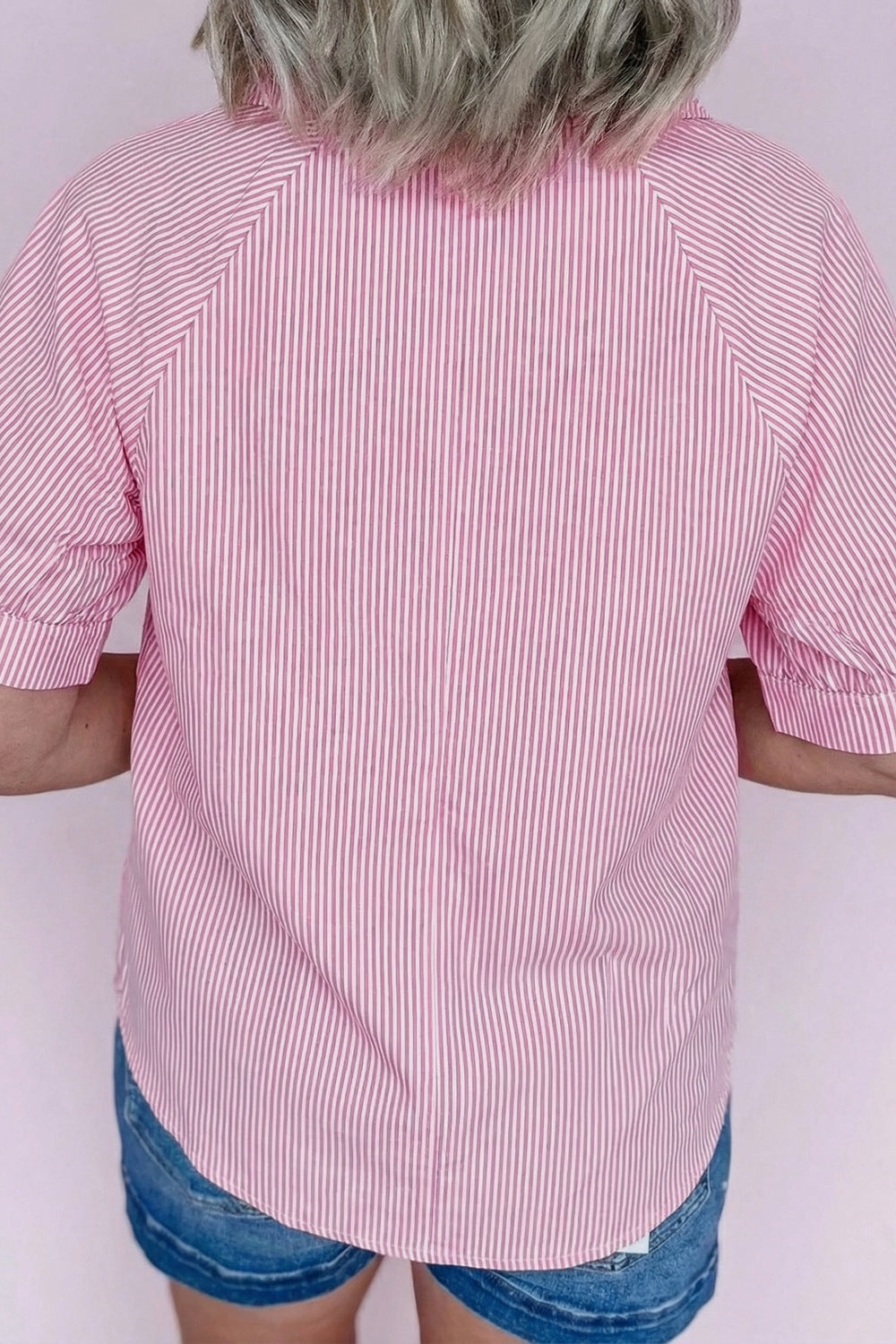 Striped Print Collar V Neck Short Sleeve Blouse Secondary image